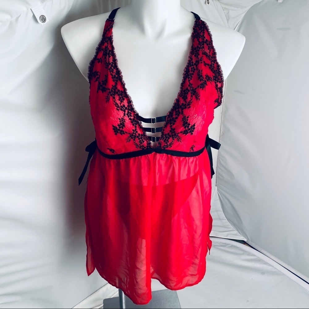 Cacique red and black sheer babydoll and thong panty
